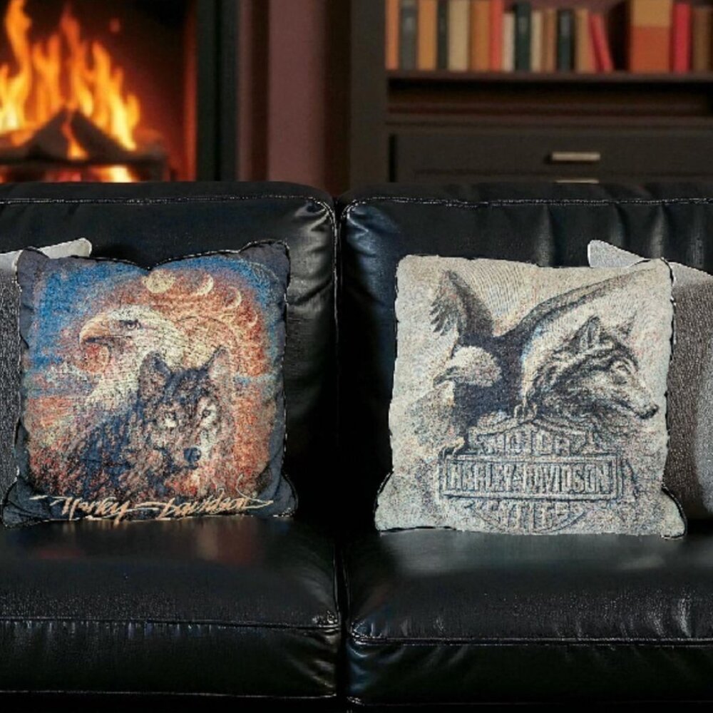 VTG Y2K Harley Davidson Throw Pillows Needlepoint Wolf Bald Eagle 16" Set Of 2